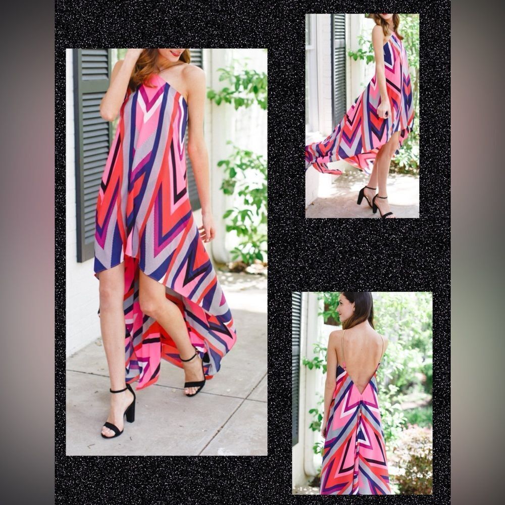 Express Pink Chevron Gold Chain Strap Hi-Lo Halter Midi Dress